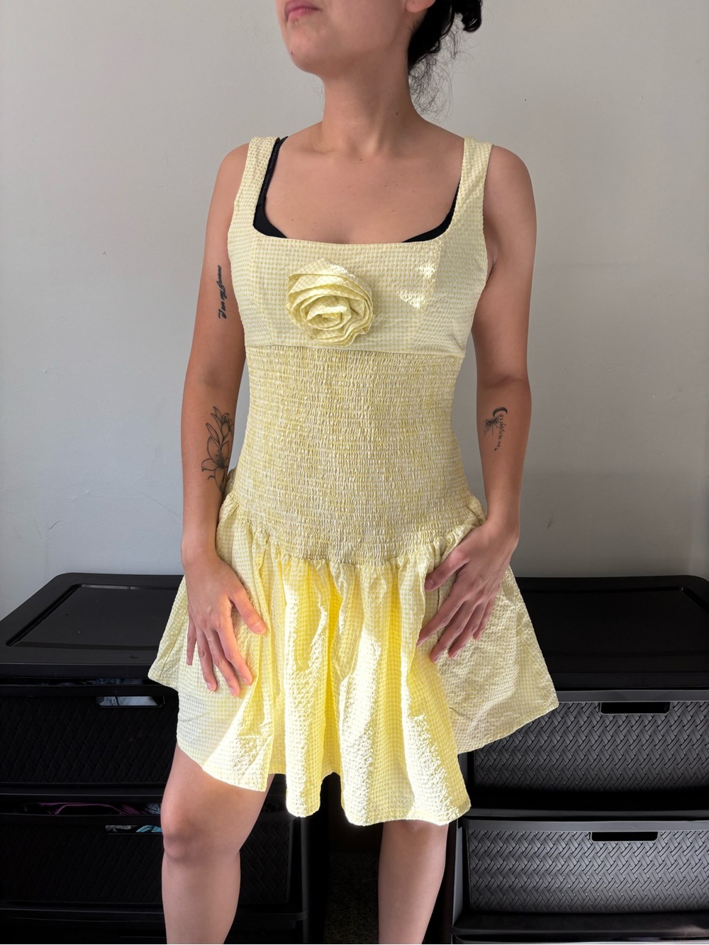 Gingham Cottagecore Smocked Rosette Drop Waist Butter Yellow Mini Babydoll Dress